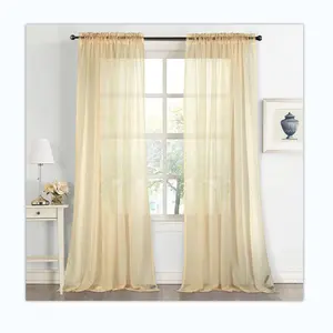 Textiles plain window soft yellow white tulle organza polyester tie top rod pocket voile sheer fabric curtain