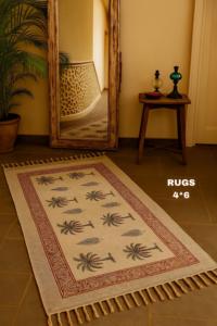 Palm Tree <b>Block</b> Print Cotton Rug 4x6 Handmade Carpet with Tassels Boho Floor Mat Entryway Living Room Decor - Product Image 3