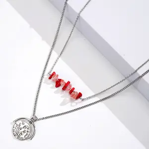 Wholesale Dropshipping PerfectNecklace Double Layers Silver Chain Figaro Clip Link Natural Coral Stone Crystal Set Women Gift