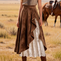 Jupe midi en daim pour femme, patchwork de dentelle, style vintage asymétrique, coupe trapèze, style western pour l'Europe et l'Amérique