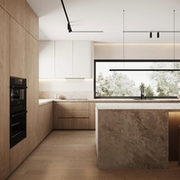 Meuble de cuisine moderne en contreplaqué laqué mélaminé brillant, armoire de rangement, placard, plan de travail en quartz, pierre frittée ou marbre