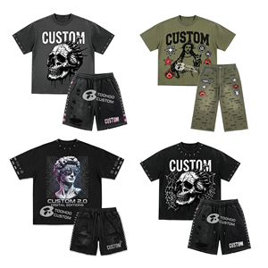 Ensemble T-shirt et short streetwear personnalisé, T-shirt graphique vintage délavé à l'acide et short en jean orné de strass, pour fabricants - Product Image 1