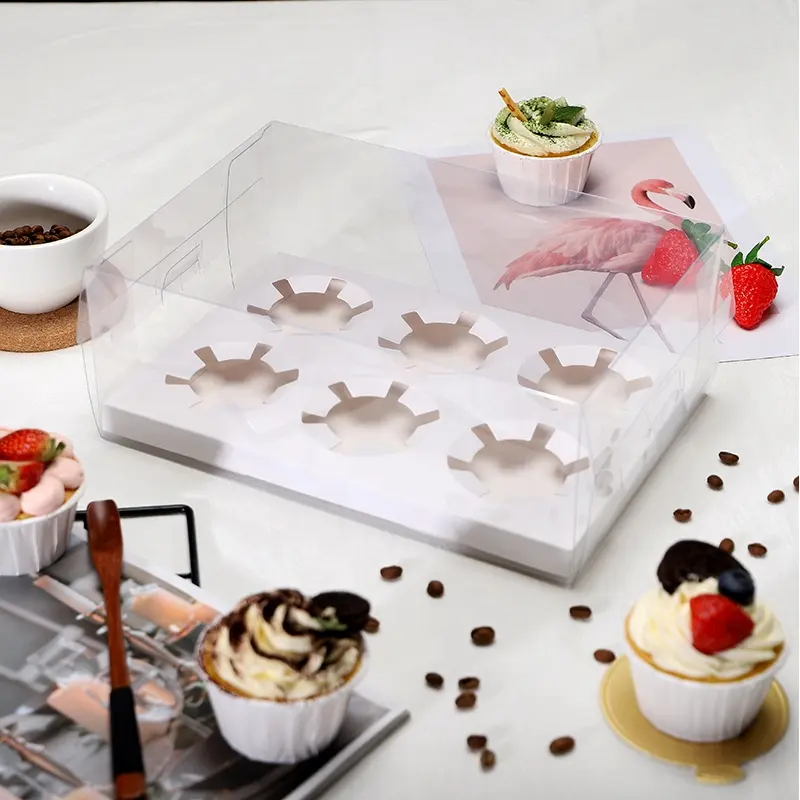 Cartone bianco di alta qualità ispessito fondo trasparente PET contenitore di bigné adatto per 2/4/6 cupcakes