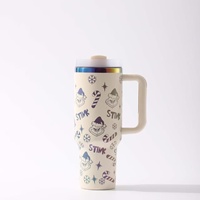 Nouveau produit transfrontalier : Tasse Bingba 40oz en acier inoxydable 304, motif dessin animé, avec poignée, grande capacité, pour voiture, maintien au chaud 6-12 heures