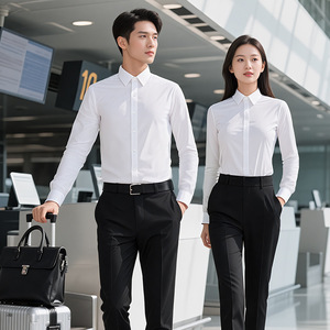 White Long Sleeve Shirt Unisex Cotton Poplin Solid Color Professional <b>Work</b> Attire Stretchy Wrinkle Resistant - Product Image 1