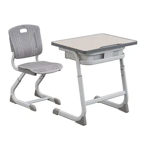 Moderno nuevo diseño escuela Aula muebles altura ajustable Metal pierna escritorio y PP plástico silla conjunto con cajón