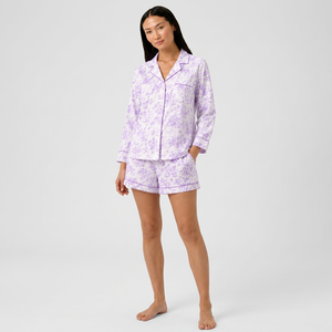 Conjunto de Pijama Corto Floral Morado Personalizado para Mujer, Ropa de Dormir Estampada con Botones Delanteros, Conjunto de Salón Suave - Product Image 1