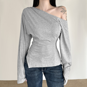 เสื้อยืดแขนยาวดีไซน์ผ่าข้างแบบอสมมาตร สไตล์มินิมอล สำหรับใส่เดินทาง สีพื้น ช่วยกระชับสัดส่วน - Product Image 6