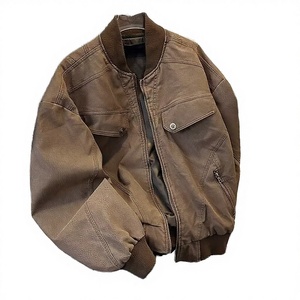 Autumn Men's Vintage Distressed Varsity Leather Jacket with <b>Stand</b> Collar Zipper Closure Eco-friendly Cleanfit <b>Work</b> Casual Style - Product Image 2