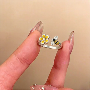 S925 Sterling Silver Bee And Flower <b>Ring</b> For Women <b>Open</b> Finger Design Gift Jewelry - Product Image 2