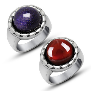 Bagues en acier titane de style rétro avec pierre de sable bleue et grenat rouge, sertissage clos, bijoux de mode unisexe, cadeau SA703 - Product Image 1