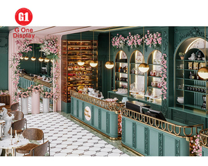 European Cafe Shop Interior Decoration | Customized Green Coffee Counter & Fashion Milk Tea Bar Showcase with LED <b>Lighting</b> - Product Image 4