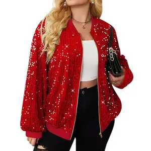 Womens Sequin Jacket Plus Size Sparkle Long Sleeve Jackets Front Zip Loose Casual Blazer Bomber Jacket With Pockets