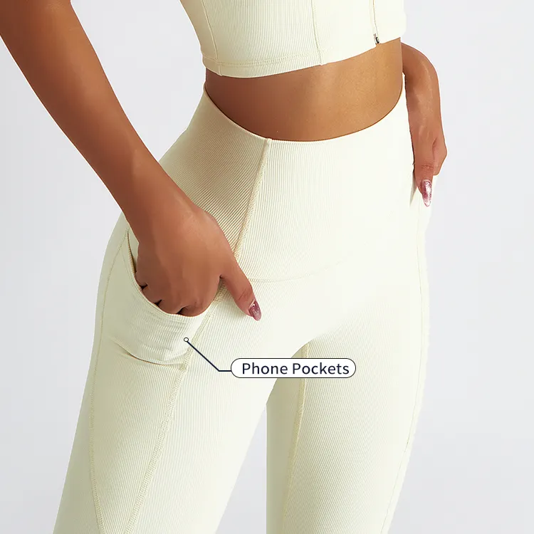 Ribbed Eco-Friendly Fabric White L Gym Pants Workout Fitness Women Yoga Leggings With Pockets