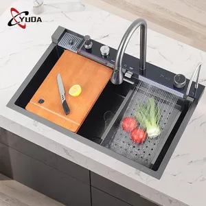 Wastafel dapur buatan tangan, mangkuk tunggal Stainless Steel keran air terjun wastafel dapur dengan keran dasar