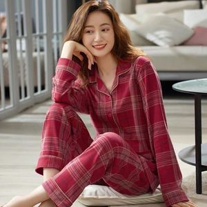Pijamas Femininos com Decote em V, Algodão Dupla Face, Manga Longa, com Bolsos, Cintura Elástica, Respirável, Roupa de Casa - Product Image 2