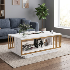 Table basse rectangulaire blanche en MDF avec structure en métal noir, mobilier de salon, design industriel moderne, multi-niveaux - Prix abordable - Product Image 3