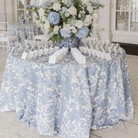 Taplak Meja Bundar Motif Bunga Biru 120 inci, Latar Belakang Putih, Cetakan Botani Vintage, untuk Pernikahan Amerika/Pesta Pernikahan