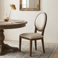 Chaise de salle à manger P2194 vintage Louis XV à dossier ovale en bois massif, rembourrée en tissu de lin beige, pour la maison, la villa, l'hôtel