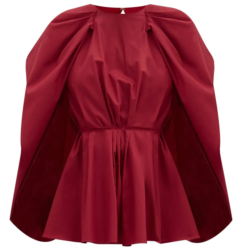 OEM Women's Smart Casual cape-sleeve peplum cotton-poplin blouse, Back with cutout, Puffed cape sleeves Blouse
