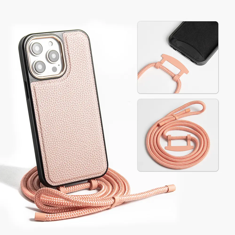 Guangzhou China venta al por mayor viaje colgante Pu teléfono celular móvil bandolera collar funda para Iphone 14 pro Max bolso de mano