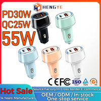 Nouveau chargeur de voiture électrique double port USB + Type-C Macaron 55W, chargeur rapide 30W QC PD, petit chargeur de voiture 25W, chargeur de voiture transparent
