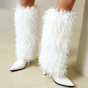 Large Size 46 Women High Heels Plush Fur Long <b>Booties</b> on Fluffy Knee High Boots Winter Furry Snow 3 Different Height Shoes - Product Image 2