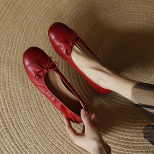 Ballet Flats Genuine Leather Round Toe Slip-On Solid Color Bow Decoration Spring Women's <b>Shoes</b> - Product Image 2