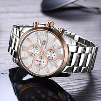 Montre-bracelet à quartz pour hommes, boîtier argenté, cadran bleu, chronographe, bracelet en acier inoxydable, montre de sport décontractée