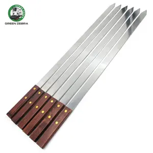 Outdoor Wide Stainless Steel BBQ Accessories Portable Barbeque Large Flat Kabab Skewers with Wood Handle