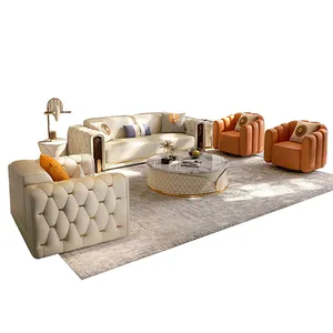 Conjunto de móveis de sala de estar clássico italiano 123 sofás seccionais em couro legítimo e madeira estilo europeu, 2023