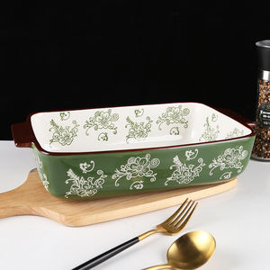 Macarons fleur verte <span class=keywords><strong>grand</strong></span> <span class=keywords><strong>plat</strong></span> de cuisson en céramique avec poignées vente en gros <span class=keywords><strong>plat</strong></span> de cuisson et casserole pour la maison - Product Image 3