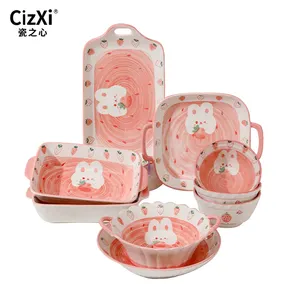 Peralatan makan kartun lucu, Set piring mangkuk keramik kelinci stroberi piring makan malam merah muda kartun kreatif