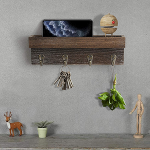 <span class=keywords><strong>Porte</strong></span>-clés mural moderne en bois rustique, organiseur de courrier, étagère flottante à trois niveaux, 4 crochets métalliques, entrée, couloir, chambre, bureau - Product Image 5