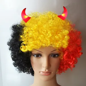 Promotion Belgian flag football fans afro wig with Led Flashing Horns FBW-0181