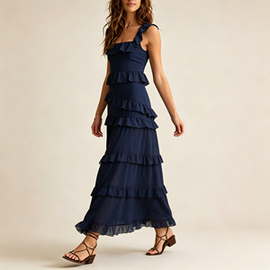 <span class=keywords><strong>Vestido</strong></span> Maxi <span class=keywords><strong>Azul</strong></span> <span class=keywords><strong>Marino</strong></span> con Volantes en Capas para Mujer, Cuello Cuadrado, Sin Mangas, Fluido, Elegante, Casual, de Verano - Product Image 2