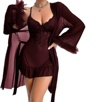 Ensemble de chemise de nuit en dentelle transparente, vêtements de nuit sexy d'été pour femmes, robe de nuit sans manches avec robe de chambre