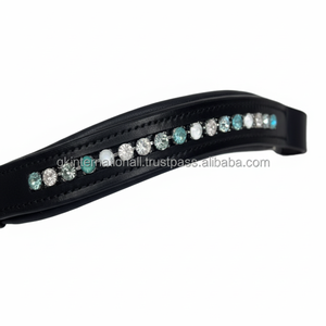 Bande de sourcils de cheval en cuir noir, fait à la main, confortable, vert, bleu, Turquoise, cristaux, bling incrusté - Product Image 1