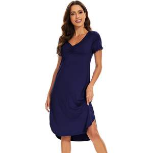Chemise de nuit personnalisée pour femme en viscose de bambou douce, manches courtes, col rond, robe de pyjama d'été, bleu marine, taille S - Product Image 3