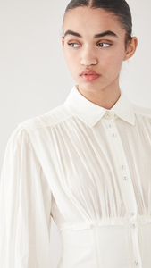 Robe blanche décontractée élégante col col boutonné sur le devant corsage manches longues ballons à volants pour dames - Product Image 6