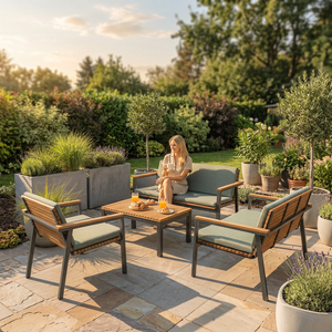 Modern Wooden Outdoor <b>Dining</b> <b>Set</b> 4 Piece Solid Back Chairs Cushions <b>Space</b> <b>Saving</b> Contemporary Design for Farmhouse Hotel Use - Product Image 3