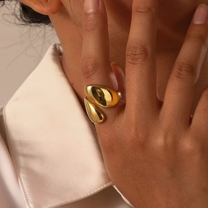 Anillo Abierto de Acero Inoxidable Chapado en Oro de 18K con Circonita en Forma de Pera, Diseño de Moda Brillante y Ancho, Joyería Impermeable para - Product Image 5