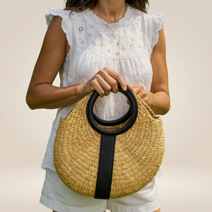Straw Woven Embroidery Tote <b>Bag</b> with Black Handle Bohemian Style Open Top All Season Summer <b>Beach</b> <b>Bag</b> <b>for</b> Women - Product Image 4