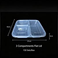 Boîte repas jetable en plastique à 3 compartiments avec couvercle plat, anti-fuite, pour la restauration et les plats à emporter