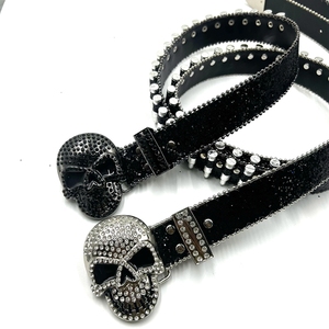 Ceinture en cuir PU scintillant de style occidental de balle avec boucle en alliage de tête de mort et ceinture en métal chic en strass - Product Image 4