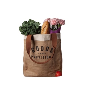 Faux Leather Strap Handles Interior Pocket Plastic Waterproof Reusable Jute French Market Tote Burlap Grocery Bags with