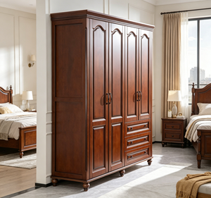 Armario de Madera de Gran Capacidad, 4 Puertas con Cajones, Armario Retro de Nogal para Dormitorio, Organizador de Ropa - Product Image 5