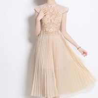 Robe longue plissée pour femme, style européen et américain, luxe léger, artisanat raffiné, couleur unie, broderie en dentelle