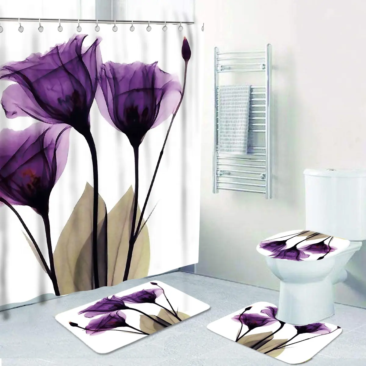 Luxe Custom Gedrukt Lotus Waterdicht Polyester Douchegordijn Verdikte Wc Partitie Gordijn Badkamer Gordijn Met Haken