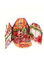 Scène de maison de cadeau de fête de haute qualité avec le père noël petite fille pile de cadeaux arbre de noël 3D carte de voeux à double porte